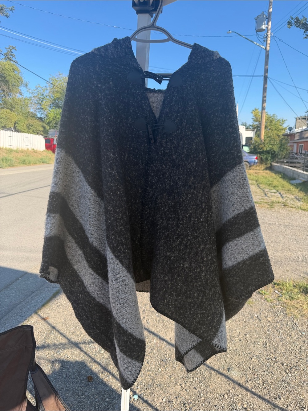 Cozy Hooded Toggle Poncho Sweater - Black & Gray